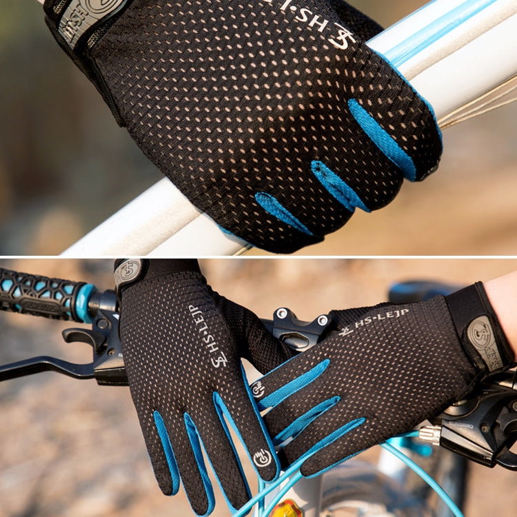 Black cycling gloves with blue accents, shown gripping handlebars for outdoor riding.
