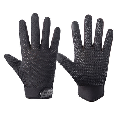 Black full-finger cycling gloves with textured grip palms and breathable mesh back.