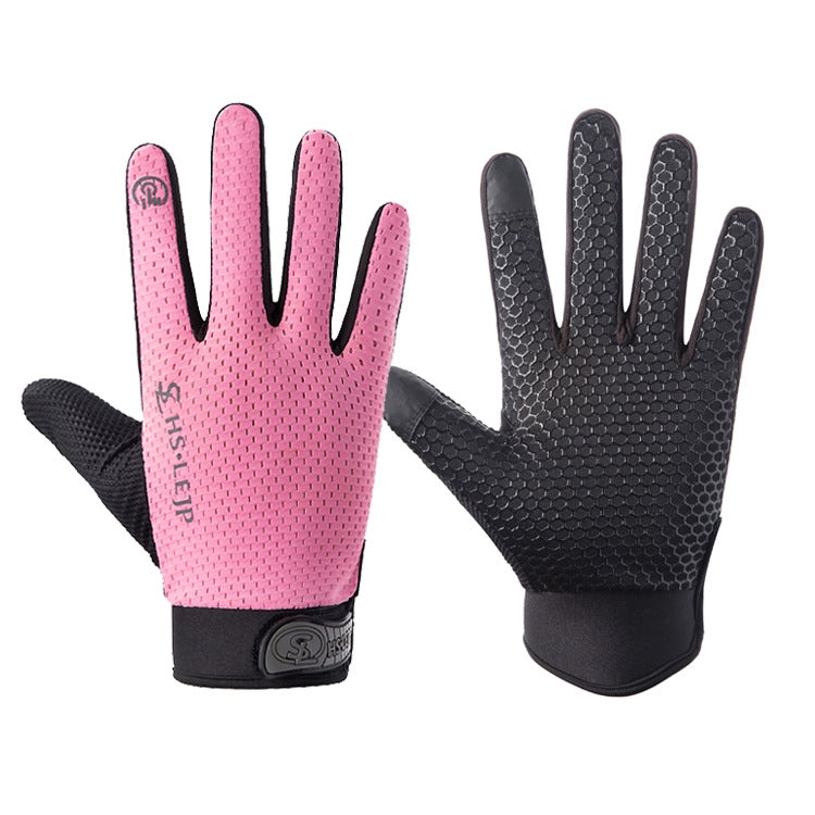 Pink and black full-finger cycling gloves with textured grip and touch-screen fingertips