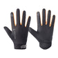 Black full-finger cycling gloves with textured grip and orange-accent touch-screen fingertips
