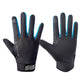 Black full-finger cycling gloves with textured grip and blue-accent touch-screen fingertips