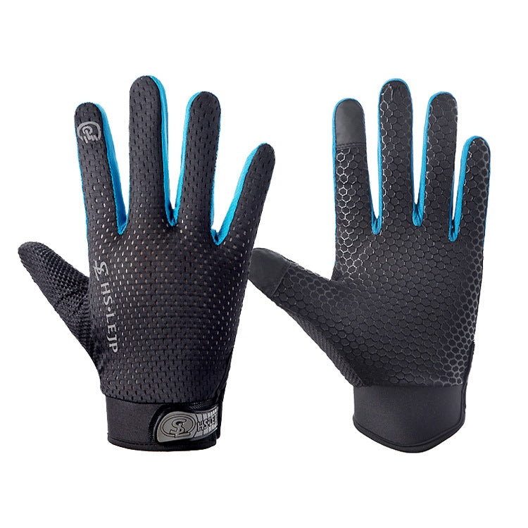 Black full-finger cycling gloves with textured grip and blue-accent touch-screen fingertips