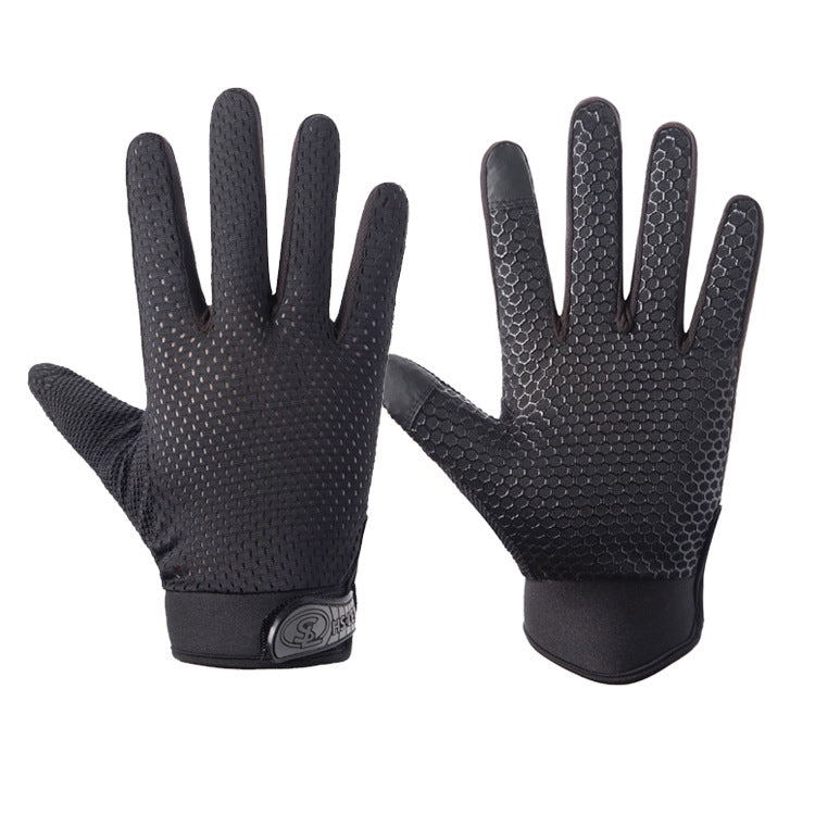 Black full-finger cycling gloves with textured grip and touch-screen fingertips