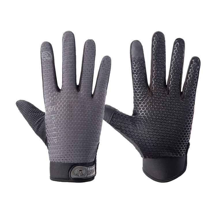 Gray and black full-finger cycling gloves with textured grip and touch-screen fingertips