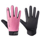 Pink full-finger cycling gloves with textured grip and touch-screen fingertips, black wrist