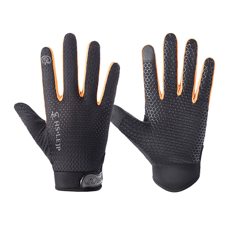 Black full-finger cycling gloves with textured grip, orange-accent touch-screen fingertips