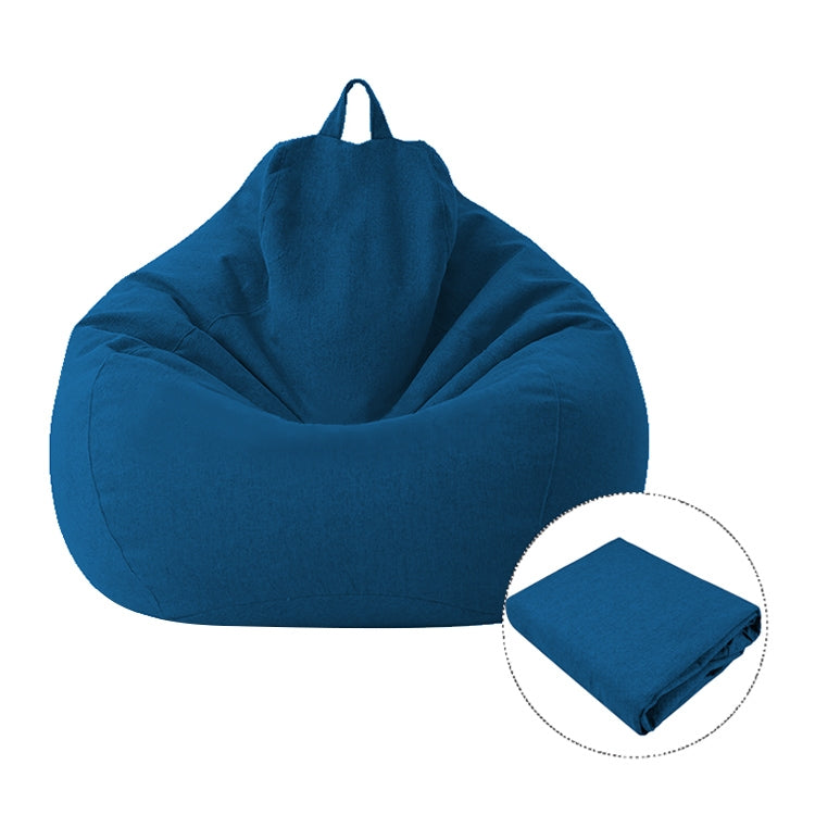 Blue bean bag chair fabric cover with carry handle; folded cover inset