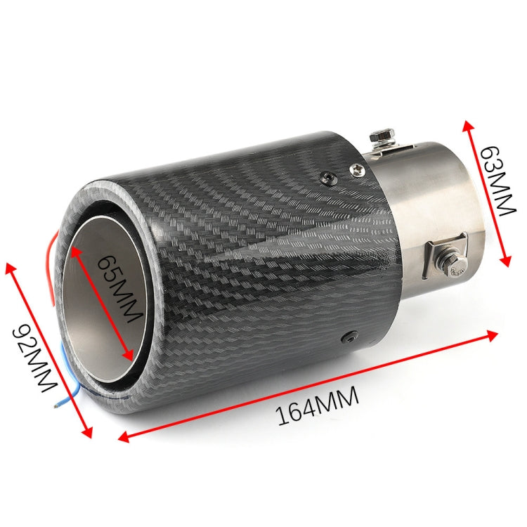 Carbon fiber exhaust tip with stainless mounting band; size-marked diagram