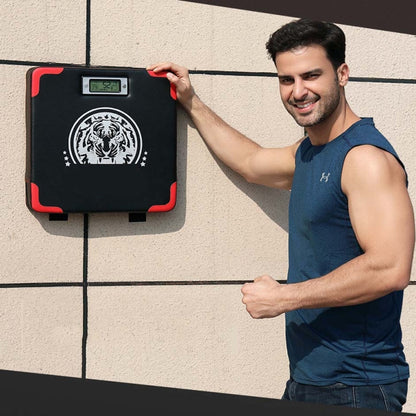 Boxing force wall target with digital screen, black pad with red trim and tiger graphic