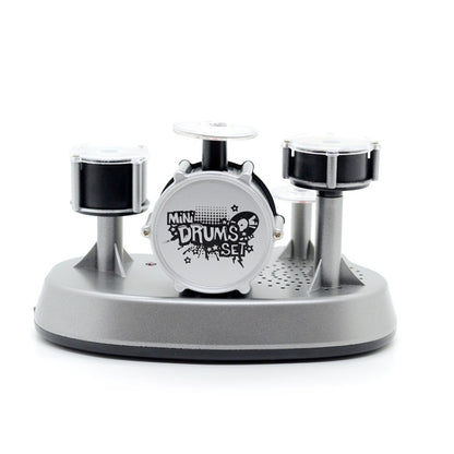 Mini finger-touch drum set with four small drums on a gray base