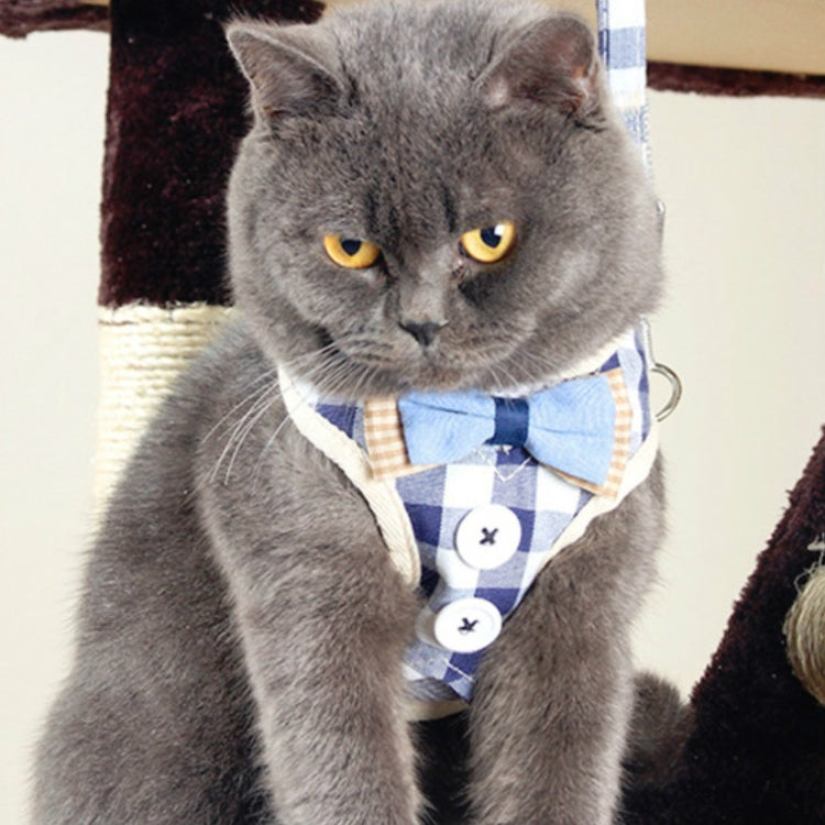Blue and white check-pattern dog chest harness vest with bow and snap closures