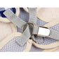 Gray fabric dog harness with metal D-ring and stitched webbing