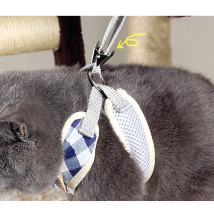 Blue and white check dog harness attachment strap with metal clip