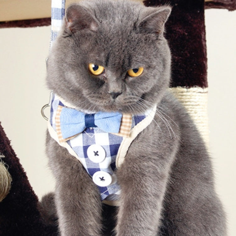 Blue check dog chest harness vest with bow and button details