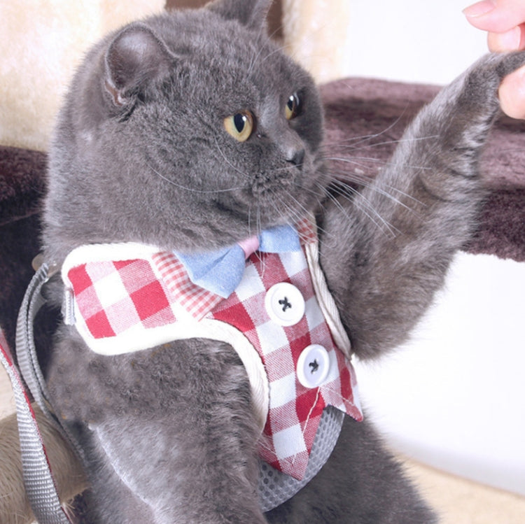 Pet traction rope chest harness vest, red and white plaid with bow and button closure