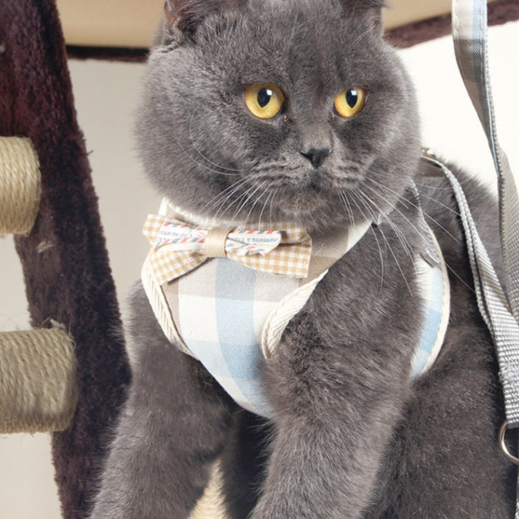 Pet traction rope chest harness vest, light blue gingham and plaid bow with leash rope