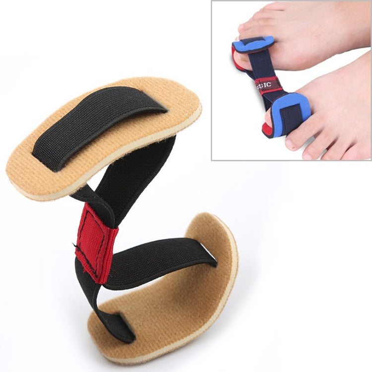 Bunion corrector toe spacer with beige fabric pads and black straps