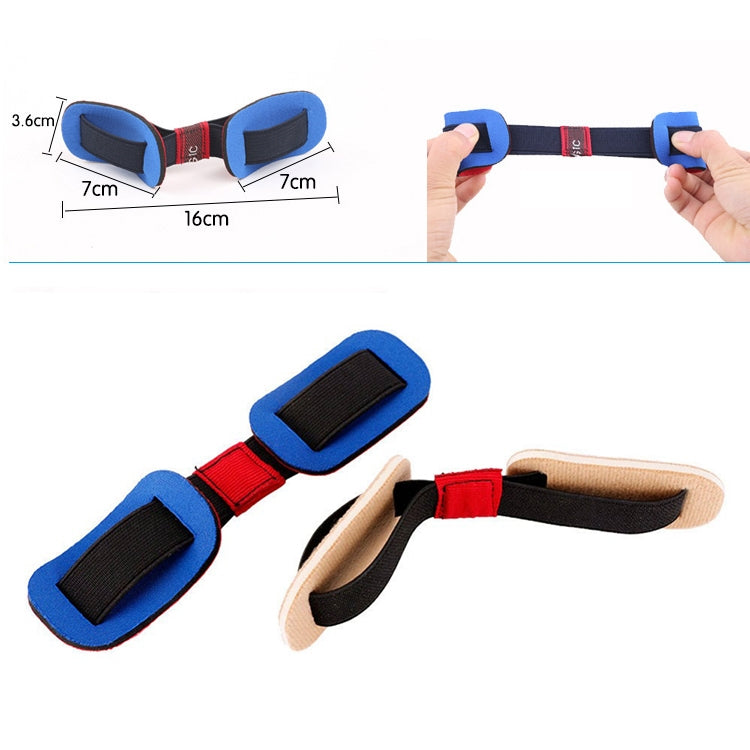 Toe straightener bunion corrector with blue outer band, red strap, and black pads