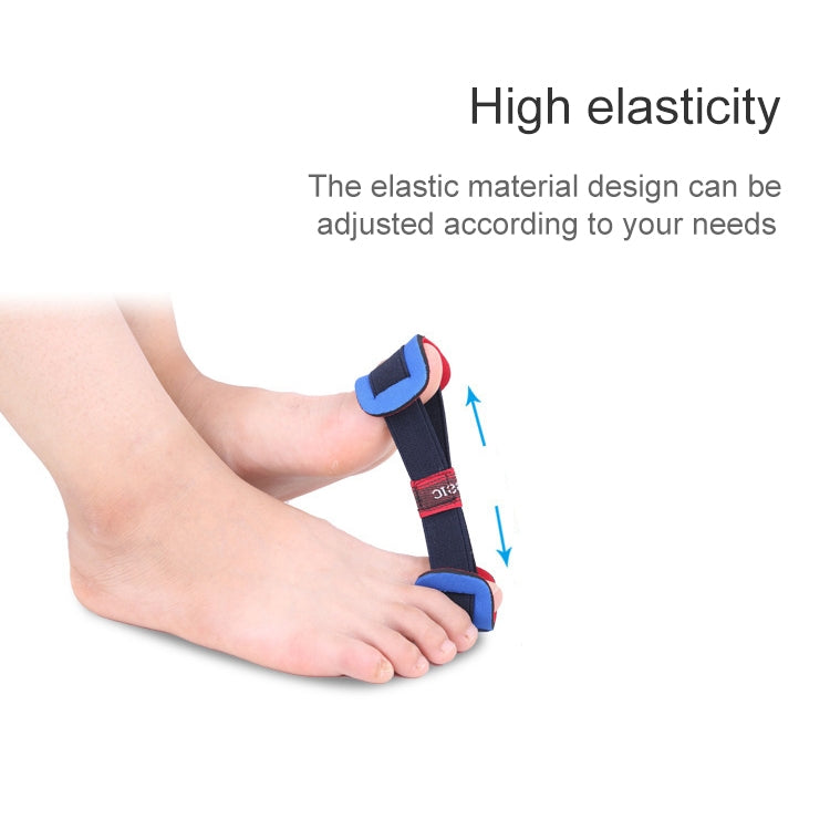 Elastic bunion corrector toe spacer on foot with black strap and blue pads
