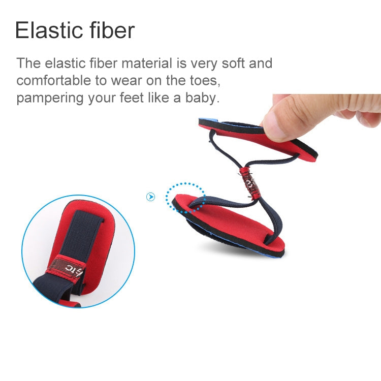 Elastic bunion corrector toe spacer with red inner strap, black strap, and blue pad