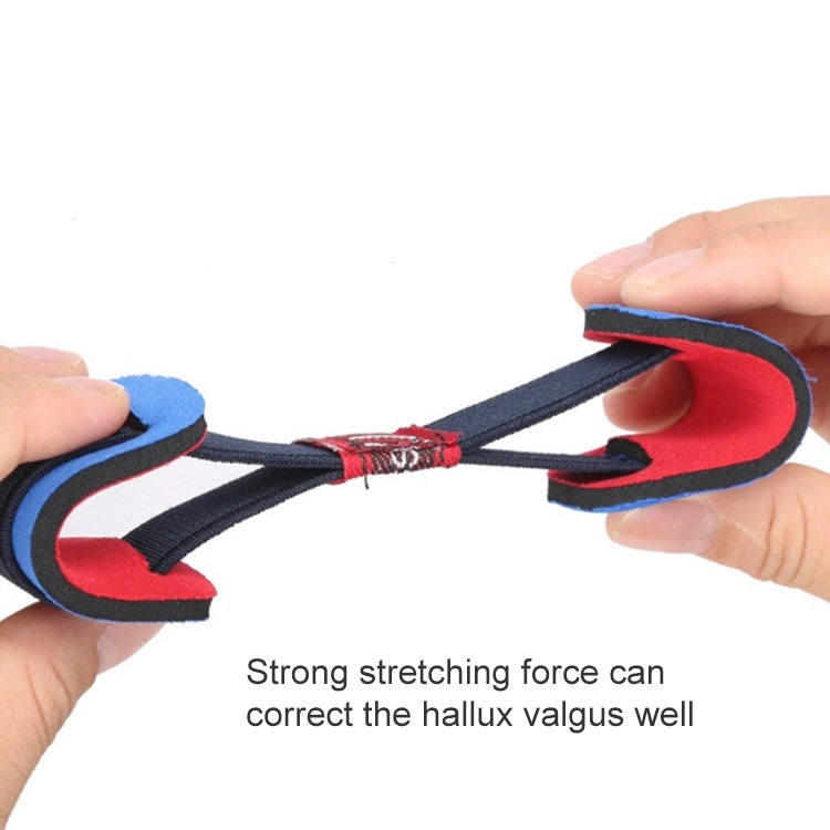 Bunion corrector toe spacer with red inner lining, black strap, and blue edge pads