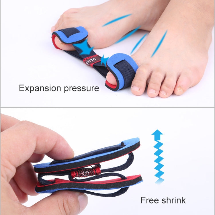 Bunion corrector toe spacer on feet with blue pads and black strap