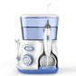 Water flosser oral irrigator with blue-tinted reservoir, handheld nozzle and water tips