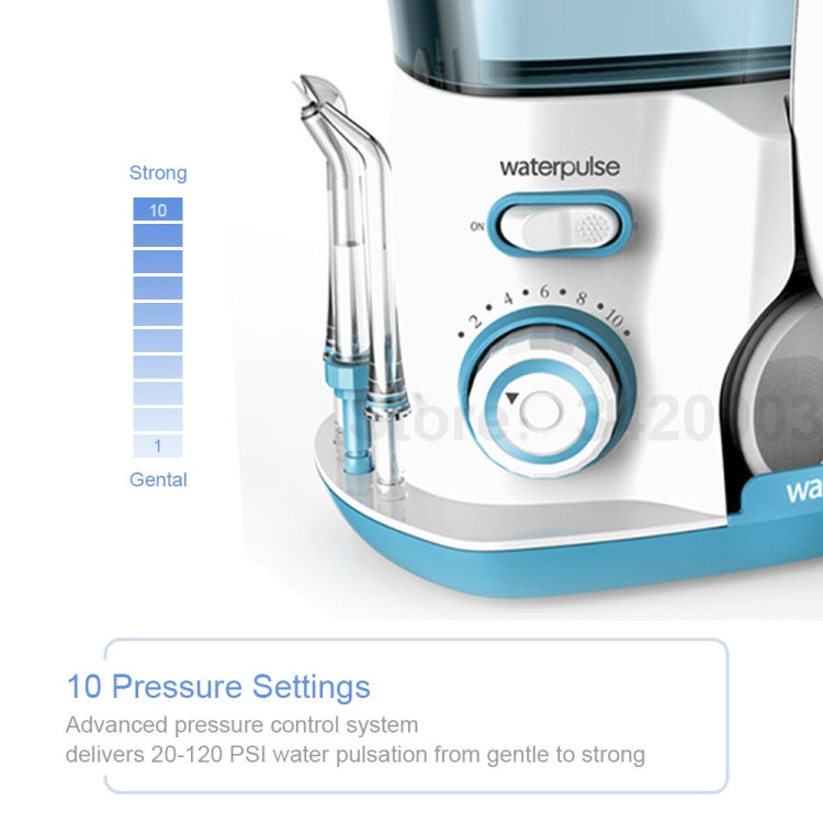 Water flosser control area with pressure settings dial and two jet nozzles