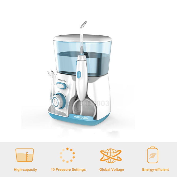 Water flosser oral irrigator with blue-tinted reservoir, handheld nozzle and spare tip