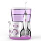 Water flosser oral irrigator with purple reservoir, handheld nozzle and water tips