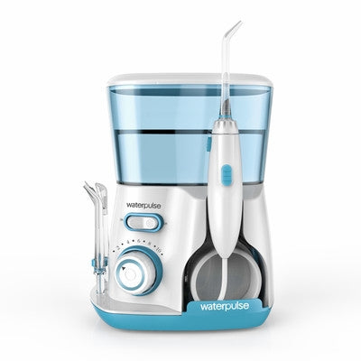 Water flosser oral irrigator with blue-tinted reservoir and handheld nozzle with tips
