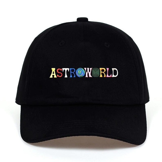 Black dad hat with colorful ASTROWORLD front embroidery and curved brim