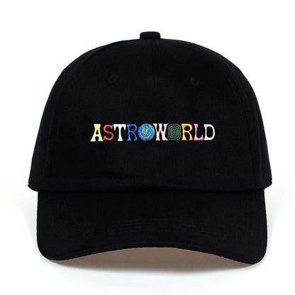 Black dad hat with colorful ASTROWORLD front embroidery and curved brim