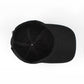 Black dad hat side view with stitched fabric panels and curved brim