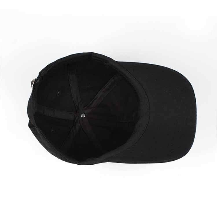 Black dad hat side view with stitched fabric panels and curved brim