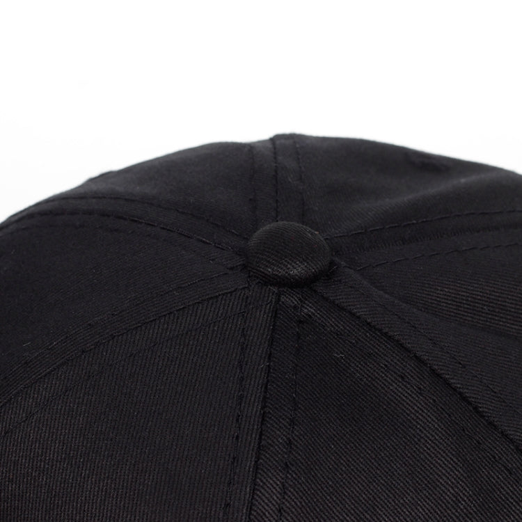 Black dad hat crown close-up with stitched seams and round top button