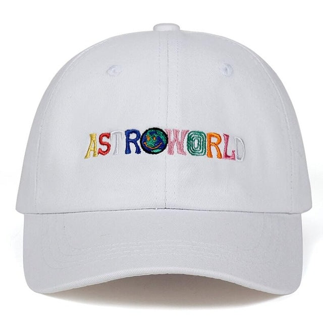 White dad hat front view with colorful ASTROWORLD embroidery and stitched crown