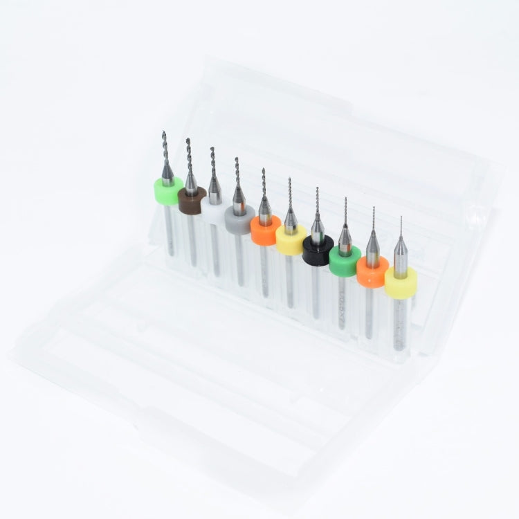 10-piece mini PCB drill bit set in clear plastic case with colored grips