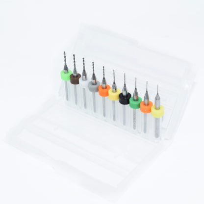 10-piece mini PCB drill bit set in clear plastic case with colored grips