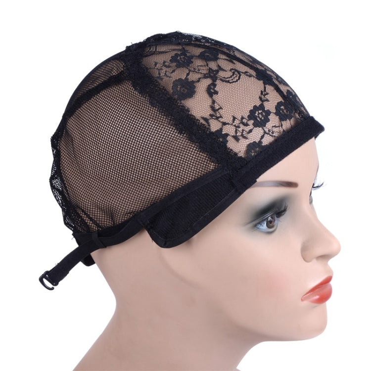 Black lace mesh hair net cap, side view with elastic band and tie on mannequin
