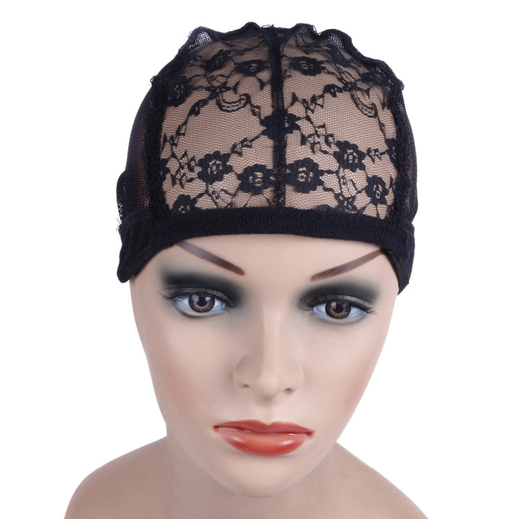 Black lace mesh hair net cap with floral lace top panel, worn on mannequin head