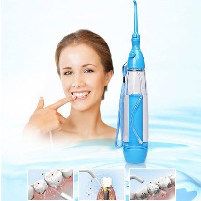 Blue portable dental water flosser with angled nozzle and clear reservoir