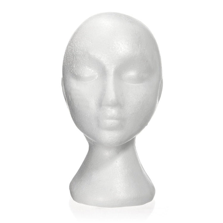 White foam mannequin head with facial features, front view for displaying wigs