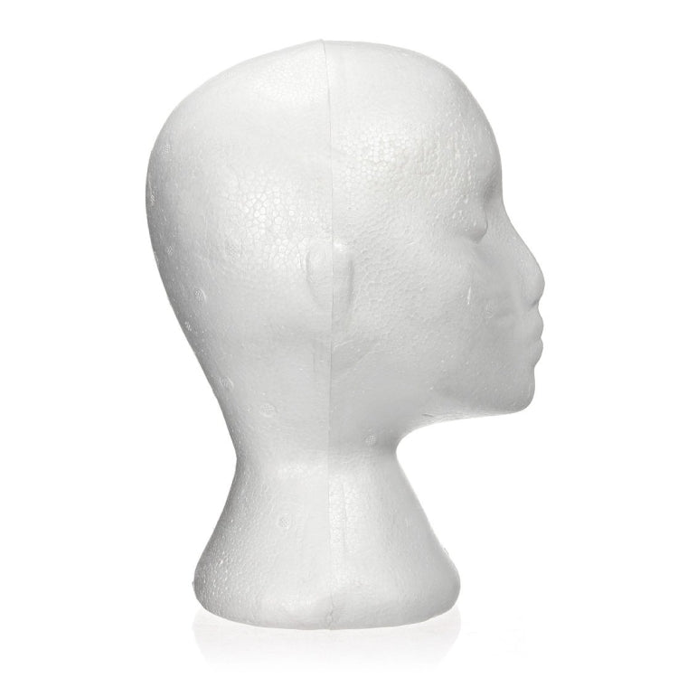 White female foam mannequin head with neck, right side profile view