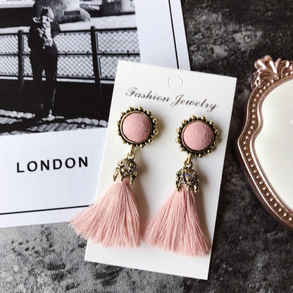 Pink round stud tassel drop earrings with gold-tone detailing
