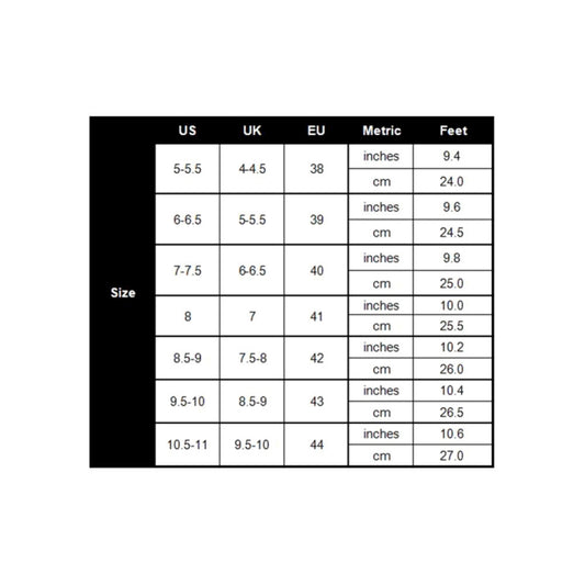 Shoe size chart table with US, UK, EU, Metric, and feet inch/cm measurements