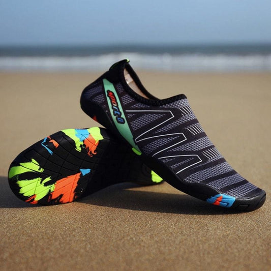 Water sports slip-on sneakers, black with neon green and orange accents, textured sole