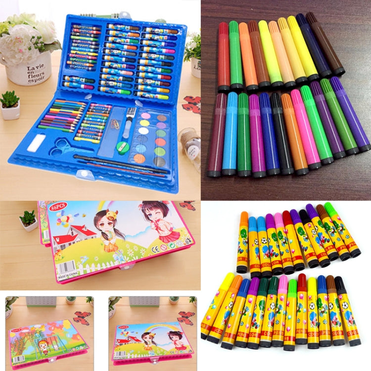 Children's blue art set with open case showing crayons, markers, pastels, and palette