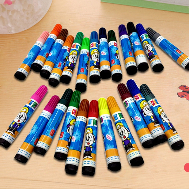 Assorted cartoon markers in blue barrels for children's drawing and coloring