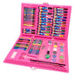 Children's art set case in pink with colored pencils, markers, brush, and paint palette